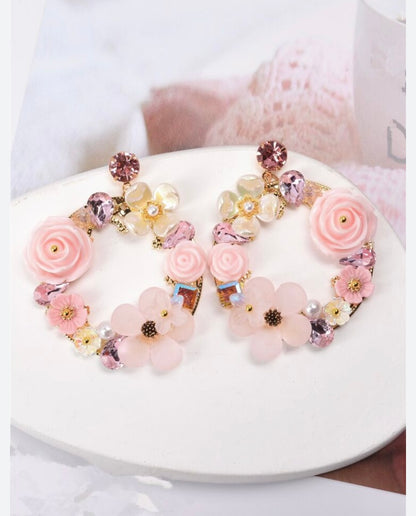 Luxury Style Acrylic Pearl & Flower Hoop Earrings In Pink Color
