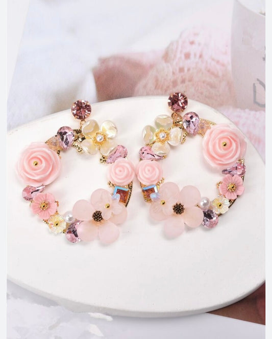 Luxury Style Acrylic Pearl & Flower Hoop Earrings In Pink Color