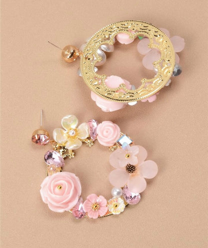 Luxury Style Acrylic Pearl & Flower Hoop Earrings In Pink Color